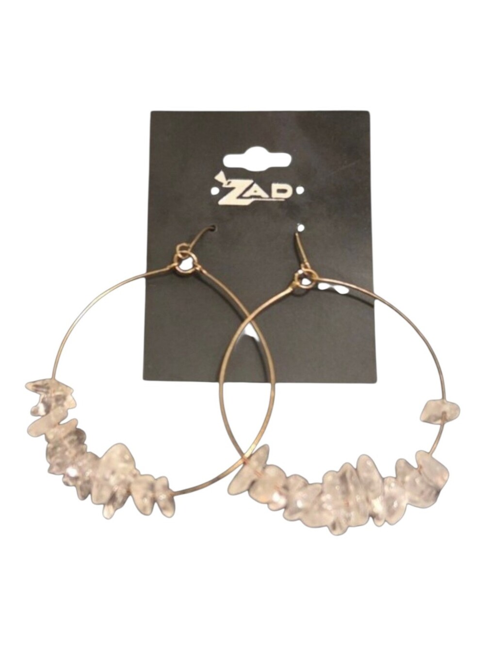 ZAD Gold Tone Large Hoop Earrings White Agate Stone Chips Boho NWT